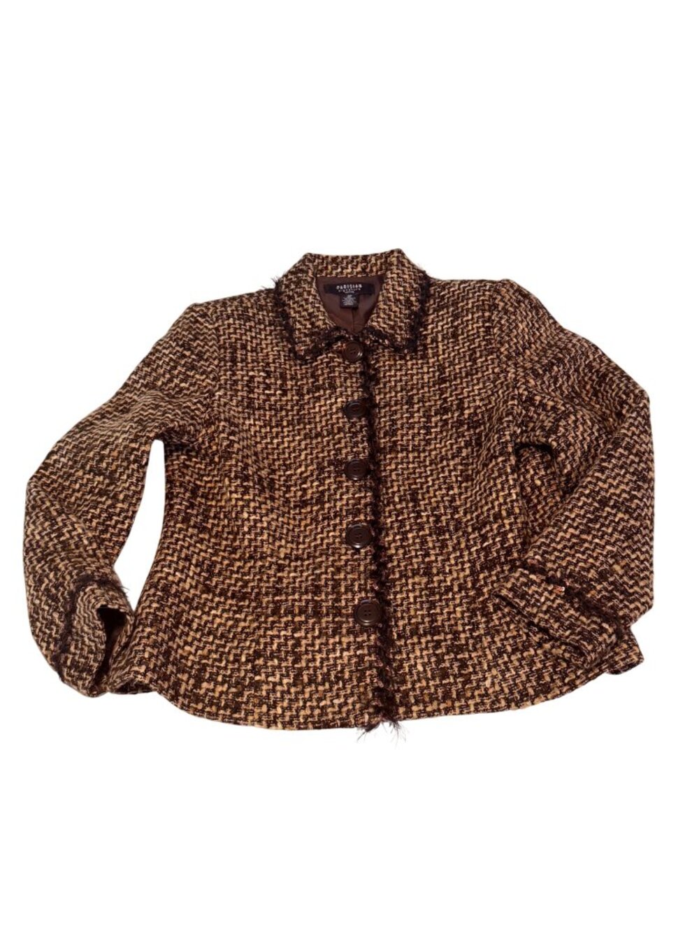 Parisian Signature Petite Womens Tweed Button-Up Jacket Brown Gold Sequin Trim S